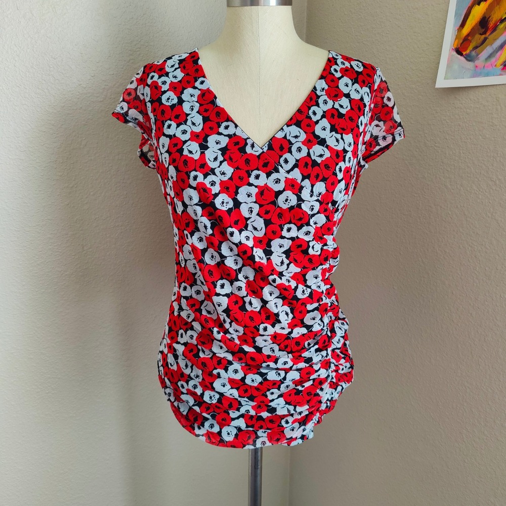 Vintage Y2K New York & Company Mesh Top‎ Red Floral Ruched Faux Wrap Lrg Stretch